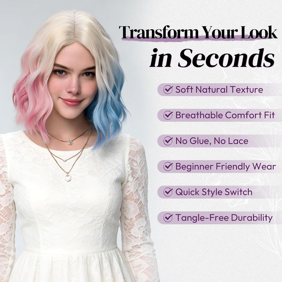 BRAND NEW ~ 14 Inch Blonde Ombre Pink Blue Short Wavy Wig ~ Cosplay Halloween