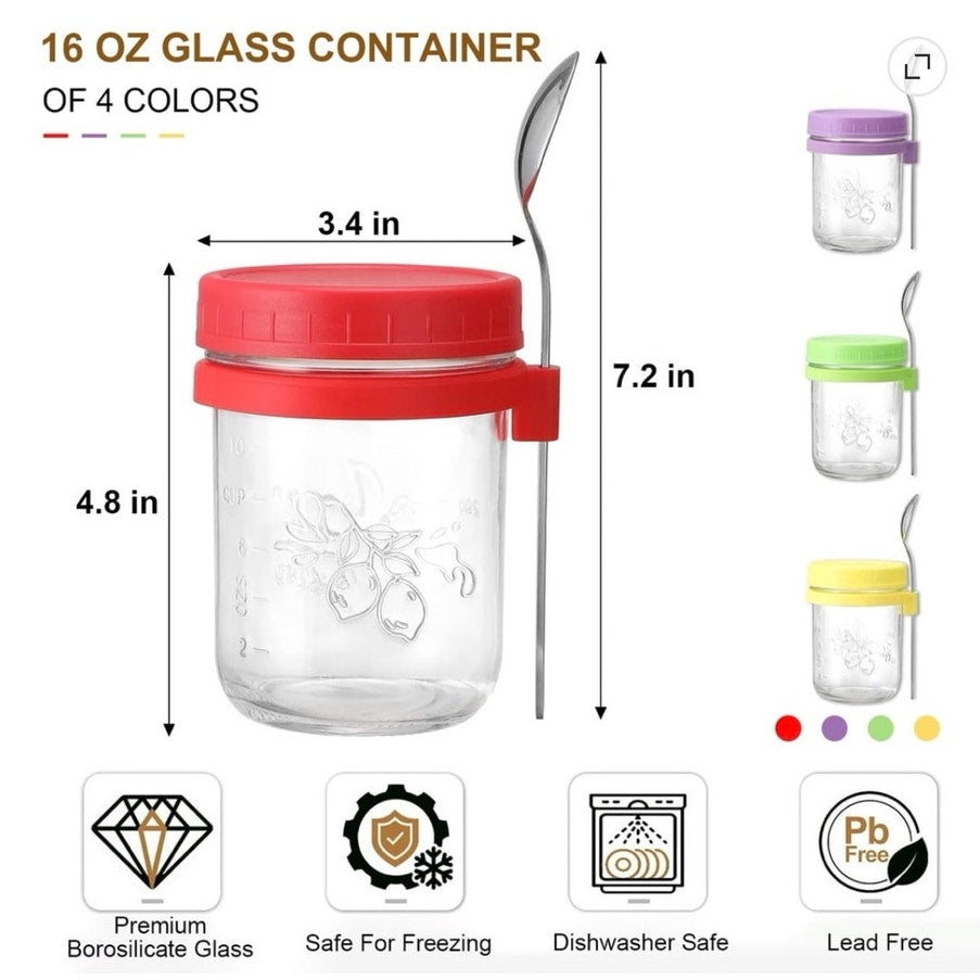 BRAND NEW ~ 16oz Overnight Oats Glass Containers with Colorful Lids and Spoons