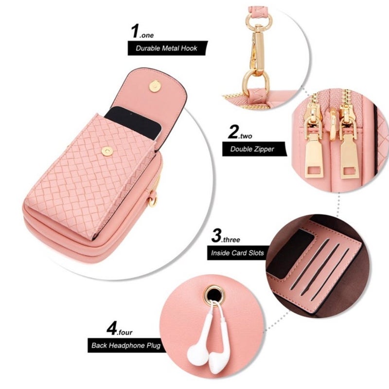 BRAND NEW ~ Small Pink Crossbody Phone Bag Card Slots Headphone Spot Double Zip