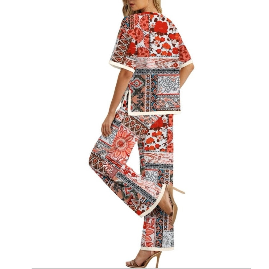 NWT ~ Women's Boho 2pc Square Geo Flower Top & Pants Casual Lounge Outfit ~ XL