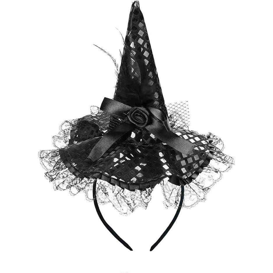 BRAND NEW ~ Black Halloween Witch Hat Headband with Sequins Lace Ribbon Cosplay