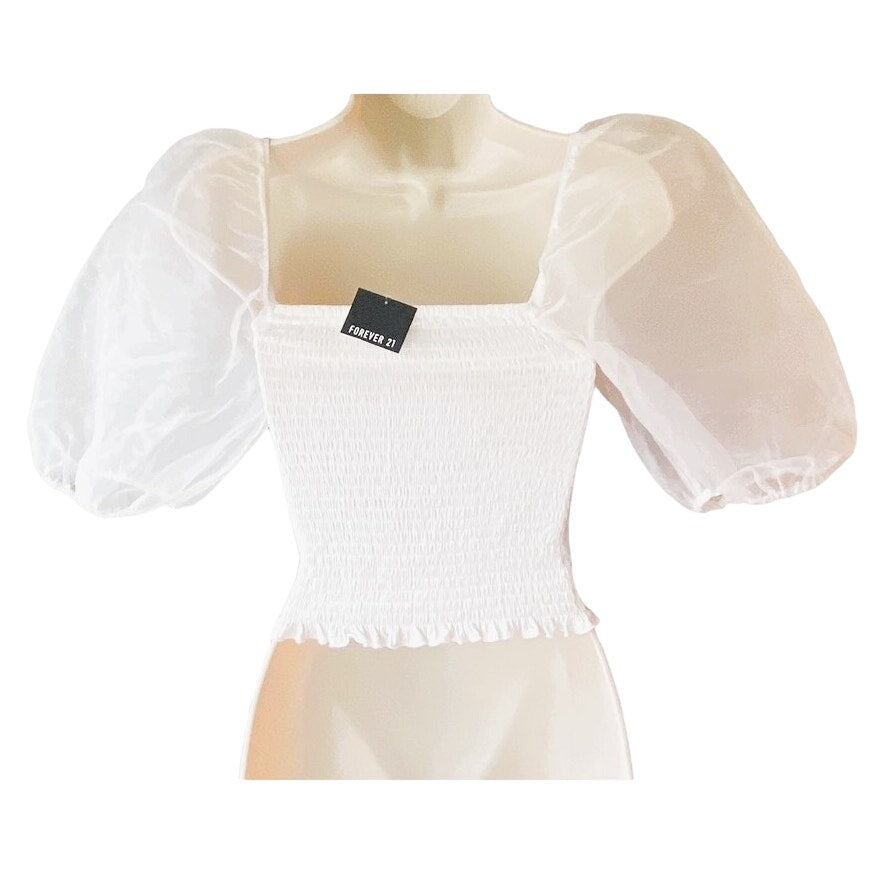 NWT ~ White Tube Top Off Shoulder Huge Clear Mesh Puffy Sleeves ~ Women's SMALL