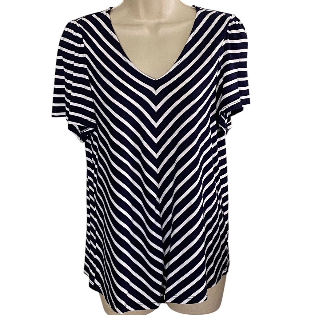 NWT ~ CABLE & GAUGE Black & White Herringbone Flutter Sleeve Top ~ SMALL