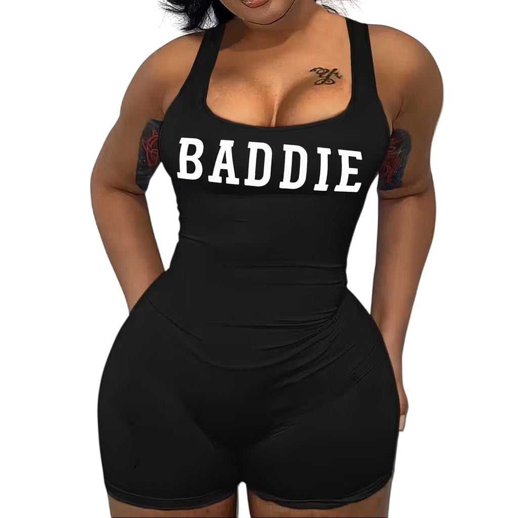 NWT ~ Women's Black Backless "BADDIE" Shorts Jumpsuit Romper ~ Size XL