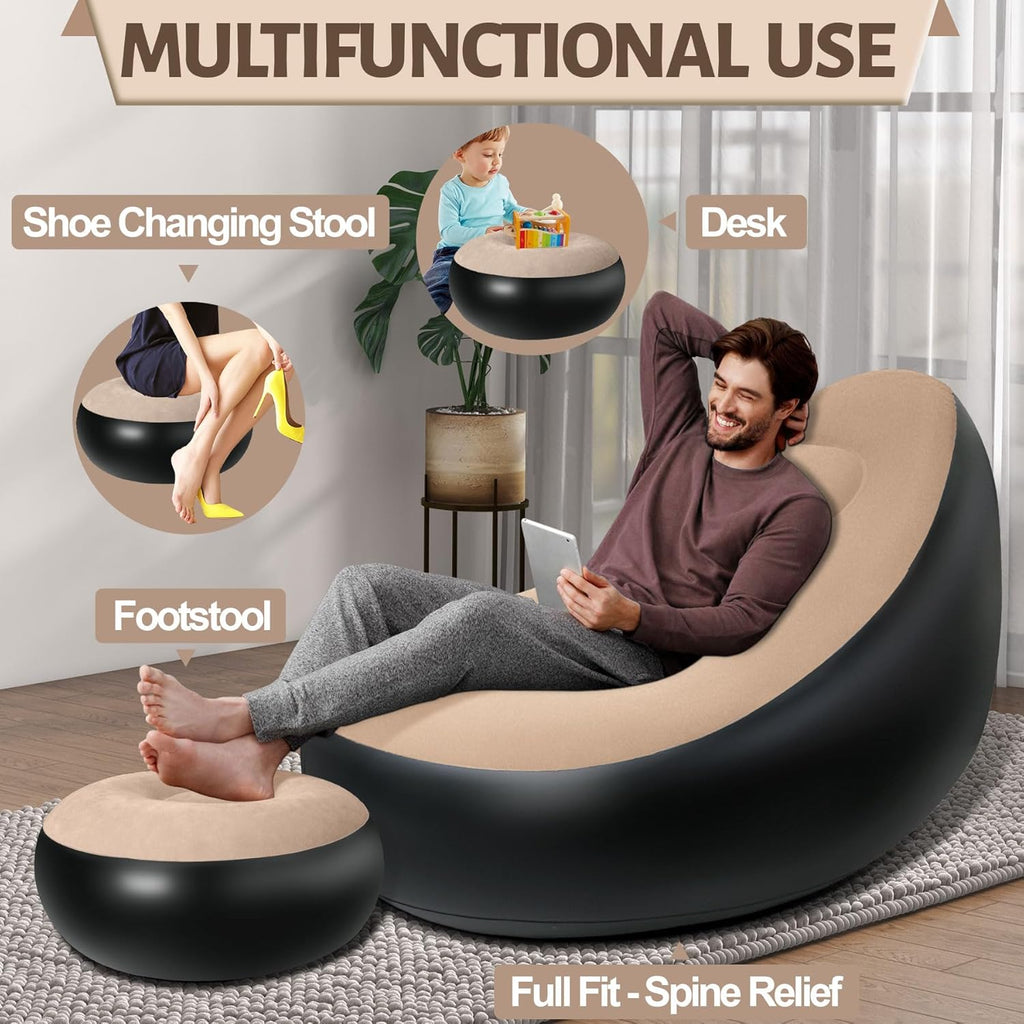 NWT ~ Inflatable Waterproof Blow Up Brown Portable Chair & Ottoman