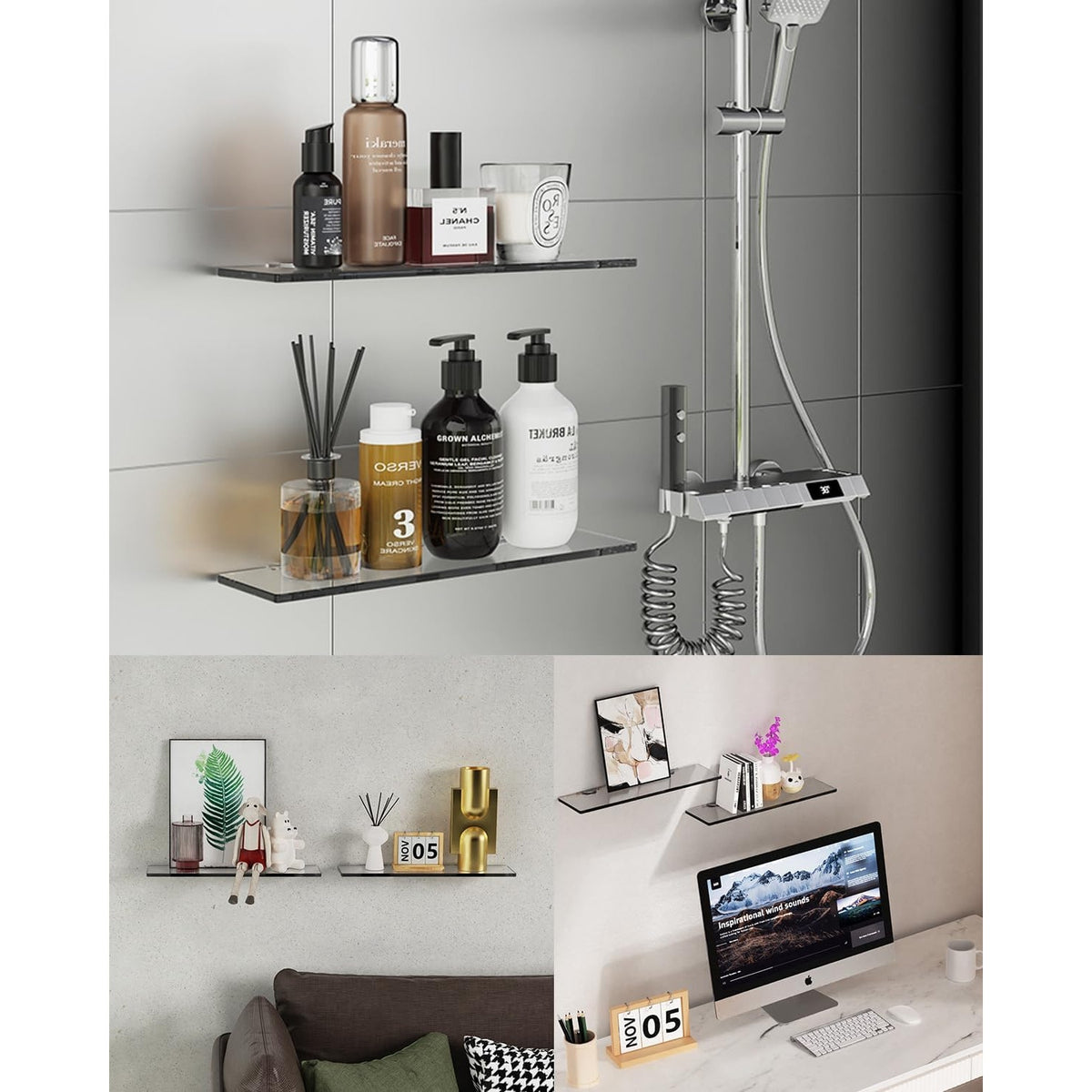 NWT ~ Set/2 Smokey Gray Black Glass Floating Shelves Modern Farmhouse Bathroom