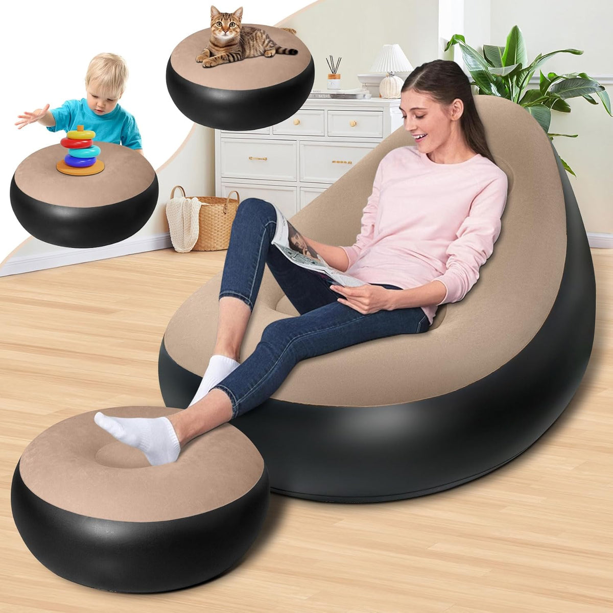 NWT ~ Inflatable Waterproof Blow Up Brown Portable Chair & Ottoman