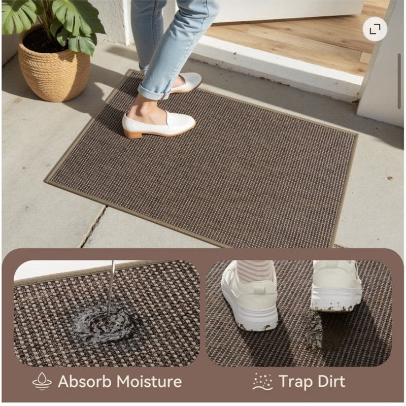 BRAND NEW ~ Brown Non-Slip Rubber Backed Welcome Low Profile Inside Door Mat Rug