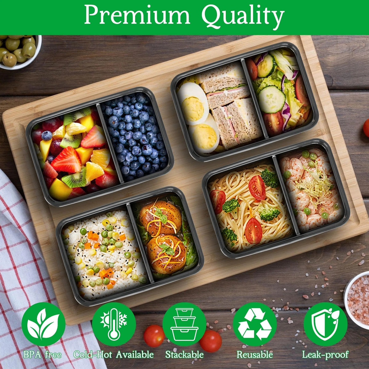 BRAND NEW ~ Set/44 ~ 2 Compartment 24oz Meal Prep Lunch Containers Food Storage