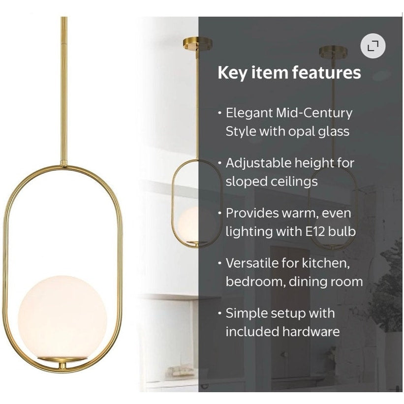 BRAND NEW ~ MCM Modern Gold Pendant Light Fixture 5.9" Globe Opal Glass Shade