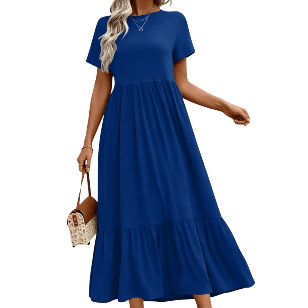 NWT ~ Blue Summer Short Sleeve Casual Crewneck Long Maxi Dress with Pockets ~ SM