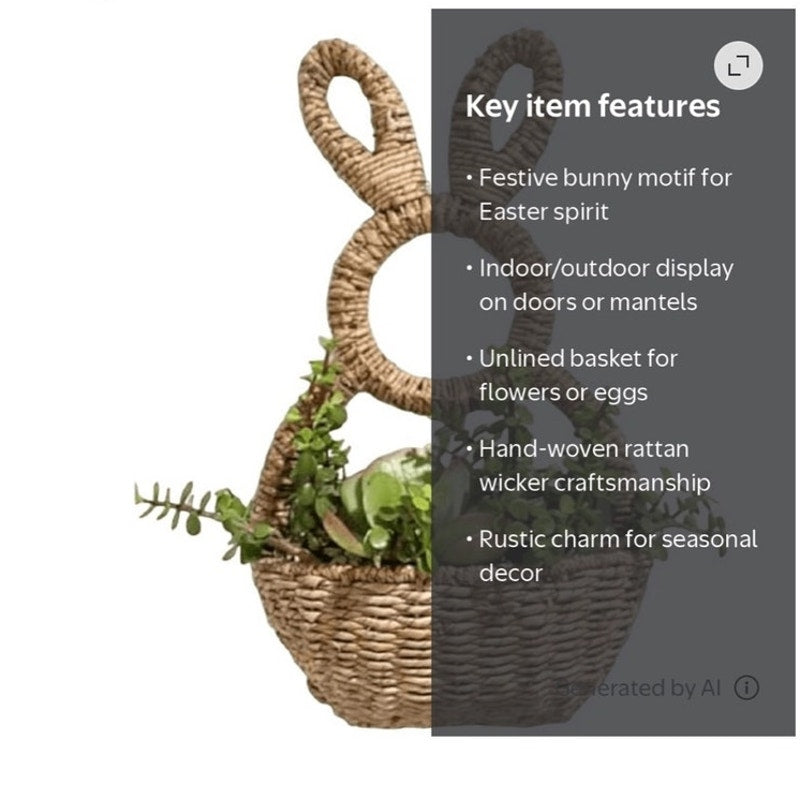 BRAND NEW ~ Hand-woven Wicker Bunny Basket Hanging Wall or Door Wreath Pocket