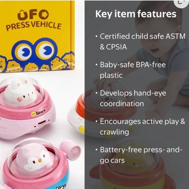 BRAND NEW ~ Set/4 Baby & Toddler Colorful UFO Battery Free Press Vehicle Toys