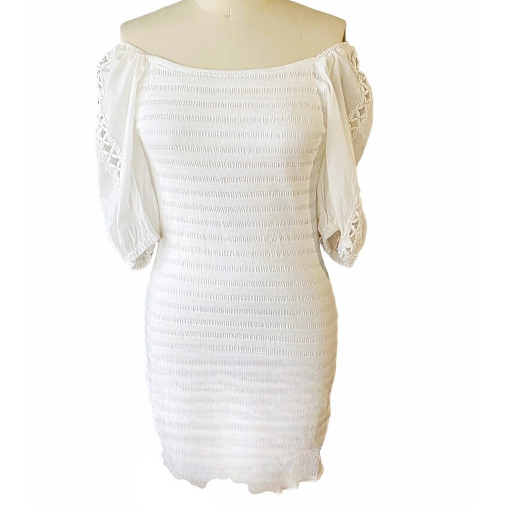 NWT ~ BETSEY JOHNSON Optic White Smocked Sleeve Bodycon Dress ~ Women's MEDIUM