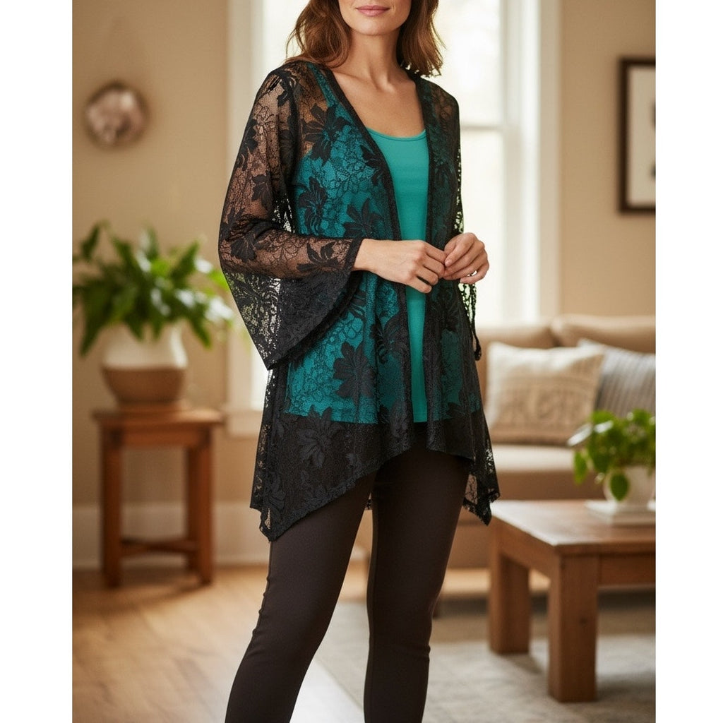 NWT ~ Women's 3 Piece Set ~ Teal Cami Black Lace Cardigan & Pants ~ Plus Size 3X