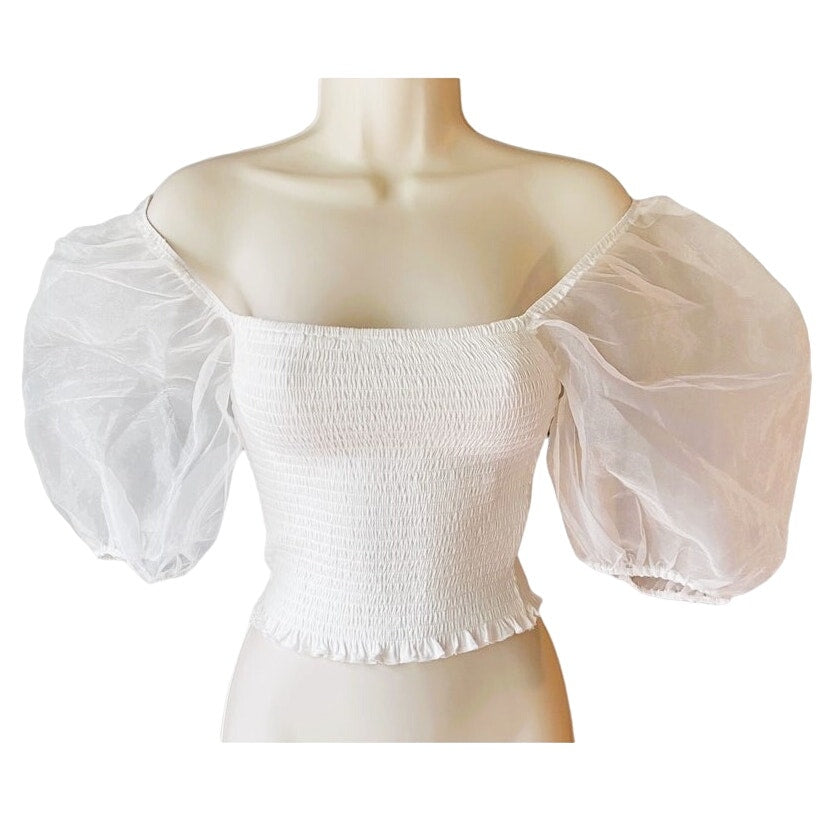 NWT ~ White Tube Top Off Shoulder Huge Clear Mesh Puffy Sleeves ~ Women's SMALL