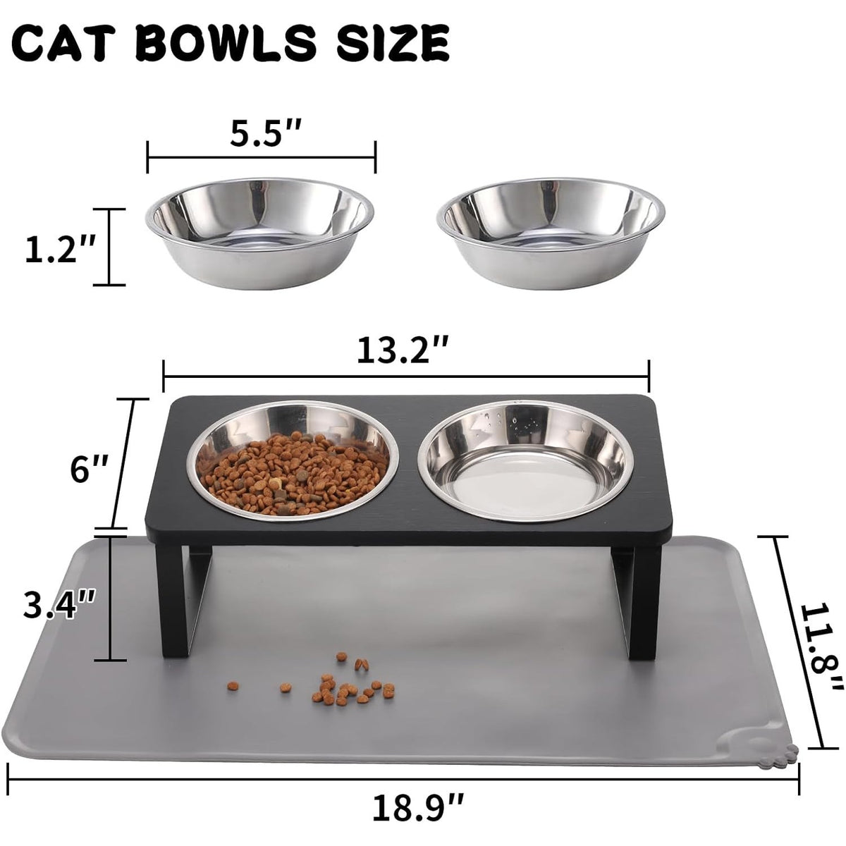 BRAND NEW ~ Black Elevated Stainless Steel Cat Dog Bowls Dishes & Food Water Mat