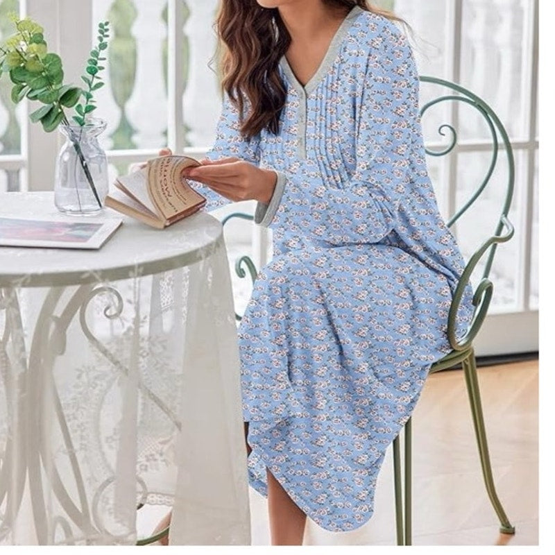 NWT ~ Light Blue Floral Long Sleeve Full Length Nightgown Sleep Dress ~ Size XL