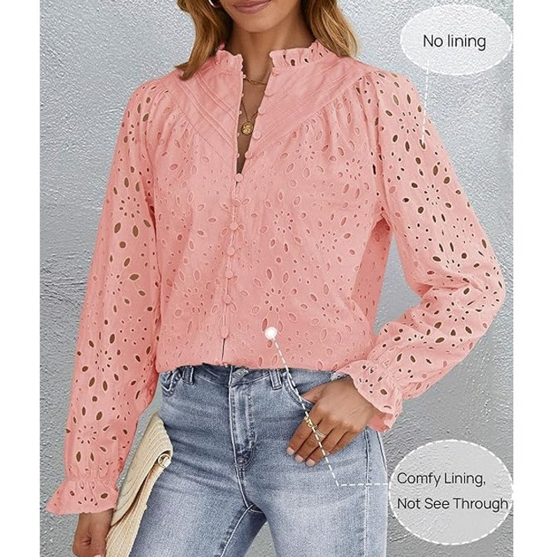 NWT ~ Pink Eyelet Long Sleeve Blouse ~ Lined & Feminine ~ Women's LARGE