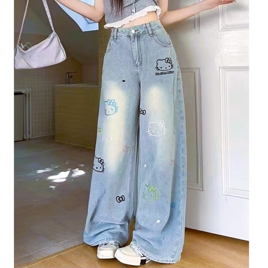 NWT ~ Women's Embroidered Hello Kitty Light Blue Denim Blue Jeans ~ Size XL