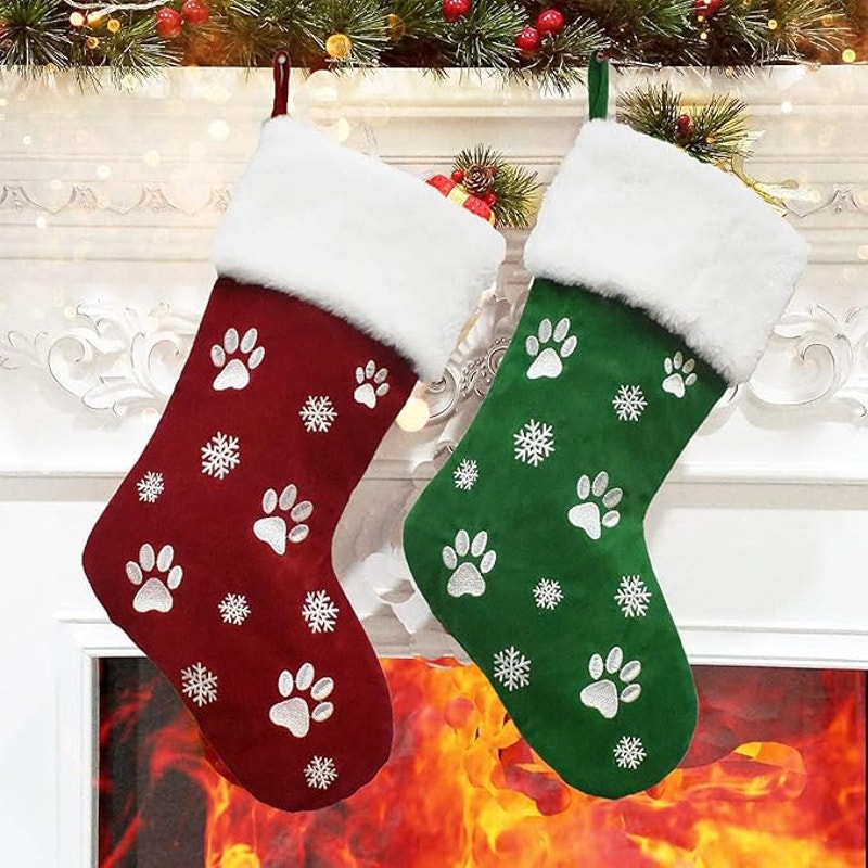 BRAND NEW ~ Thick Green Dog Cat Paw Print White Fur Top Christmas Stocking ~ 18"