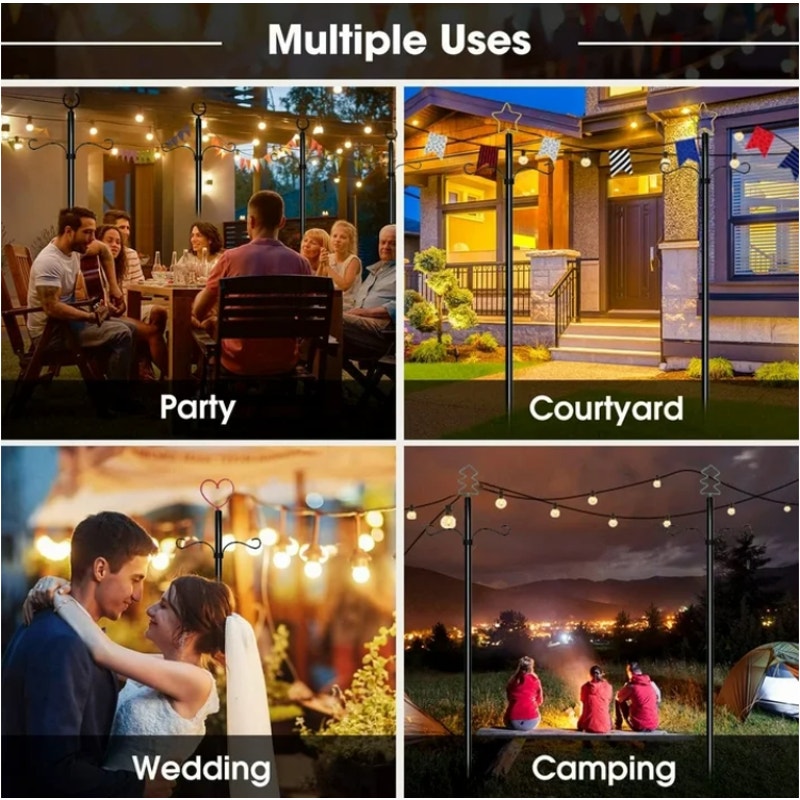 BRAND NEW ~ Set/2 ~ 11ft Outdoor Metal String Light Poles Patio Lighting & Hooks