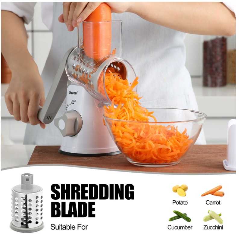 BRAND NEW ~ Geedel Kitchen Rotary Cheese Grater & Vegetable Slicer & 3 Blades