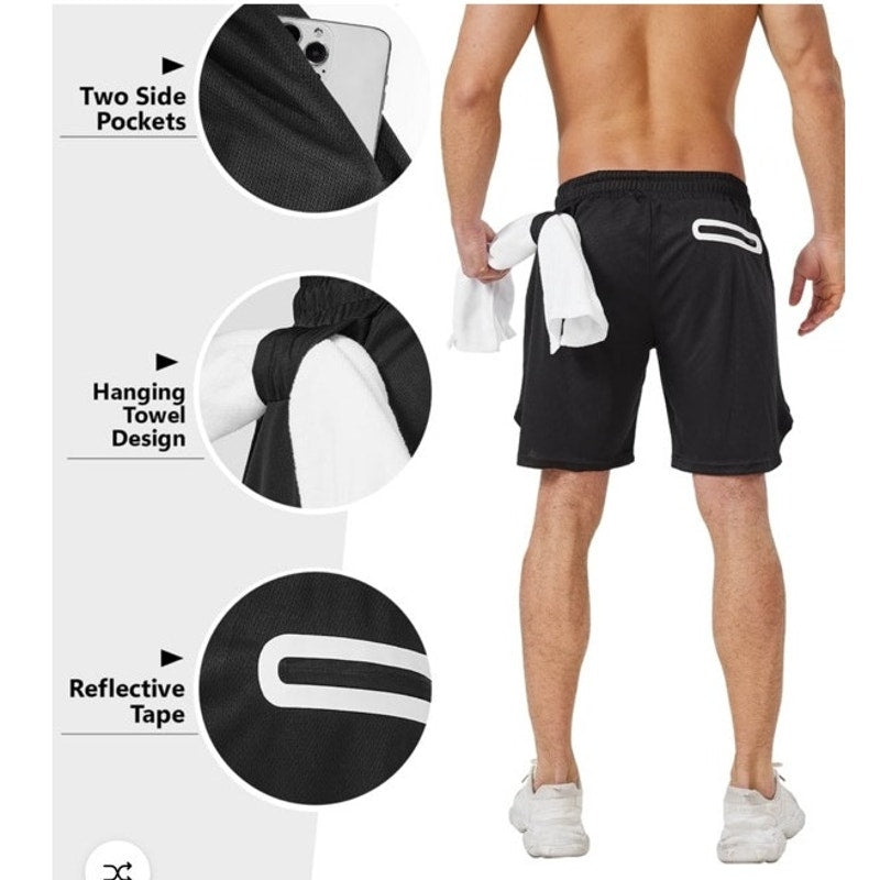 NWT ~ Set/3 Men's Workout 2-in-1 Gym Shorts with Pockets Liner & Towel Loop XXL
