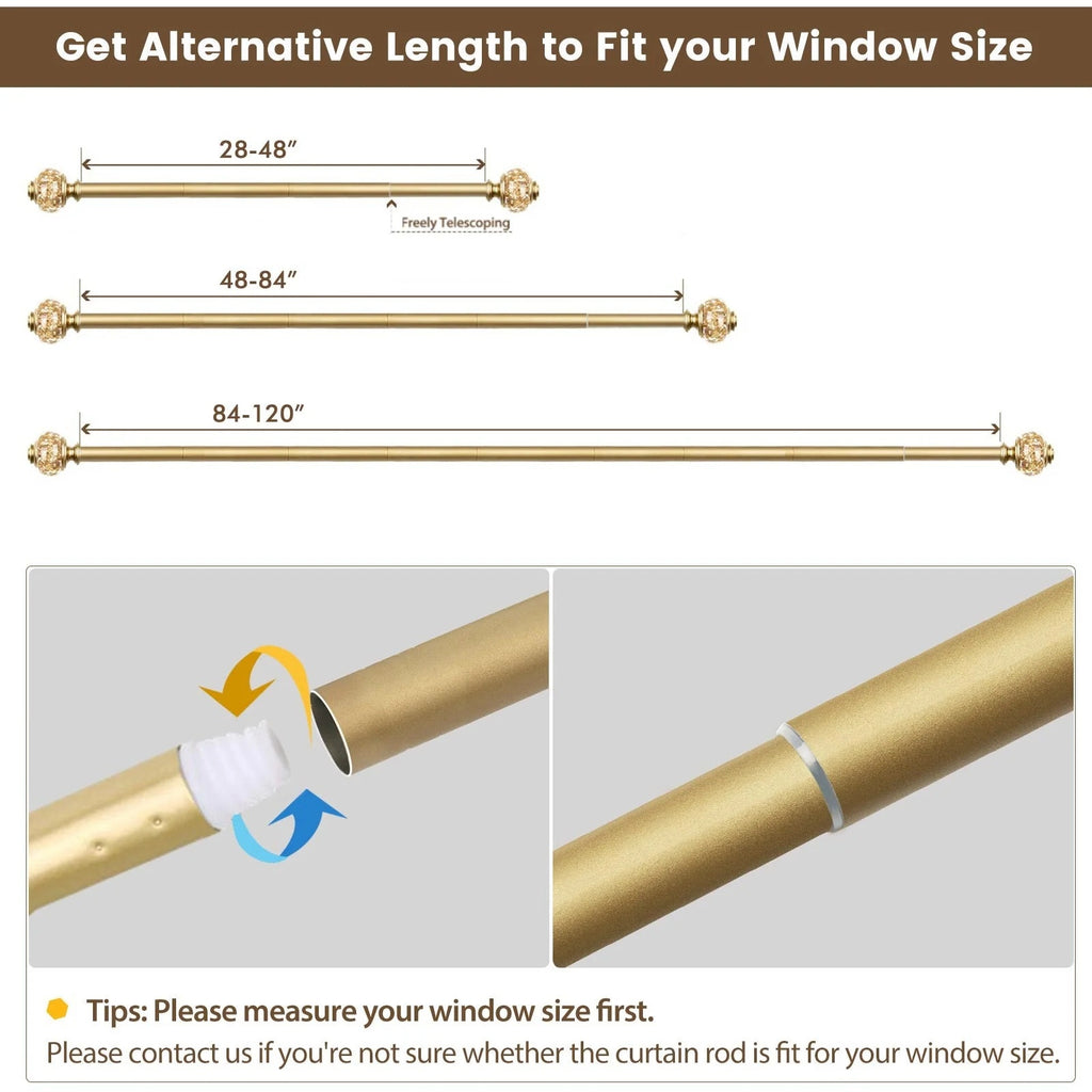 BRAND NEW ~ Gold 7/8" Adjustable Single Curtain Rod Translucent Finial 84"-120"