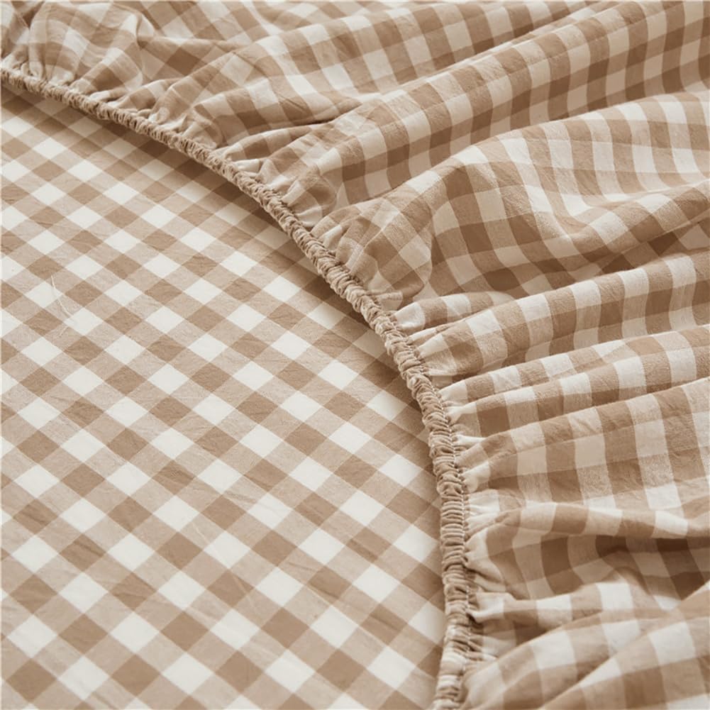 BRAND NEW ~ Tan Gingham Checked Fitted Bed Sheet ~ King Plus Size