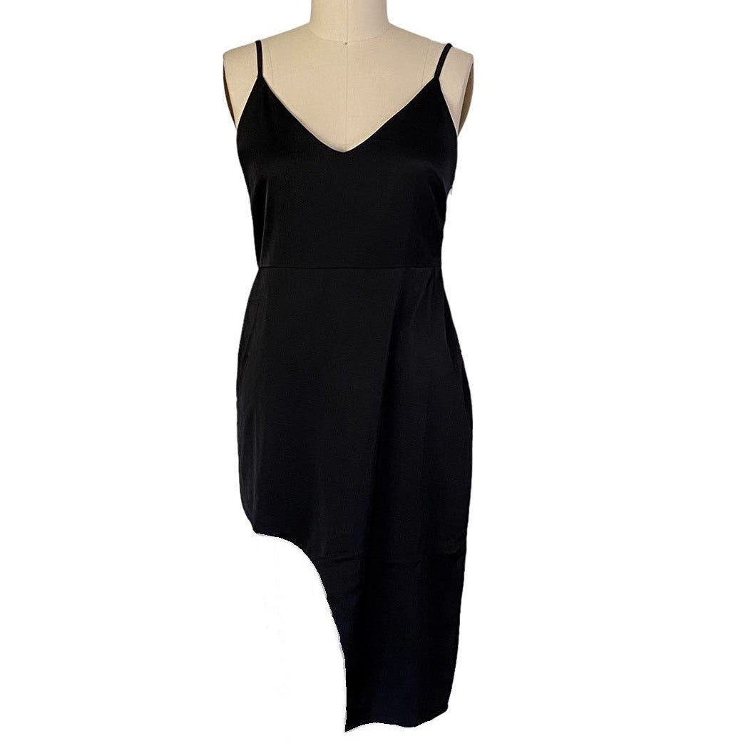 NWT ~ LULUS So Sultry Black Satin Asymmetrical Dress ~ Women's Size LARGE