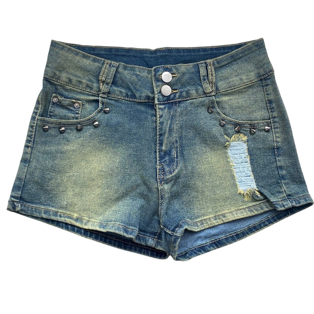 NWT ~ Distressed & Studs Denim Blue Jean Shorts ~ Women's Size LARGE