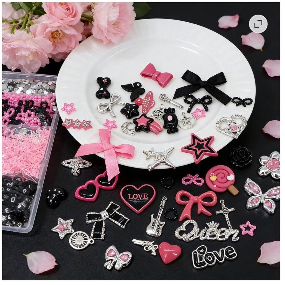BRAND NEW ~ Pink Black Silver Nails & Phone Case Charms DIY Personalization Kit