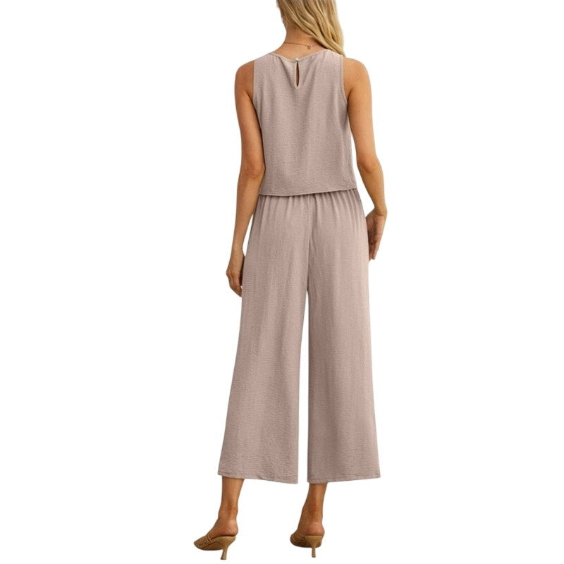 NWT ~ Women's Light Khaki 2pc Summer Sleeveless Cropped Top & Wide Leg Pants ~ S