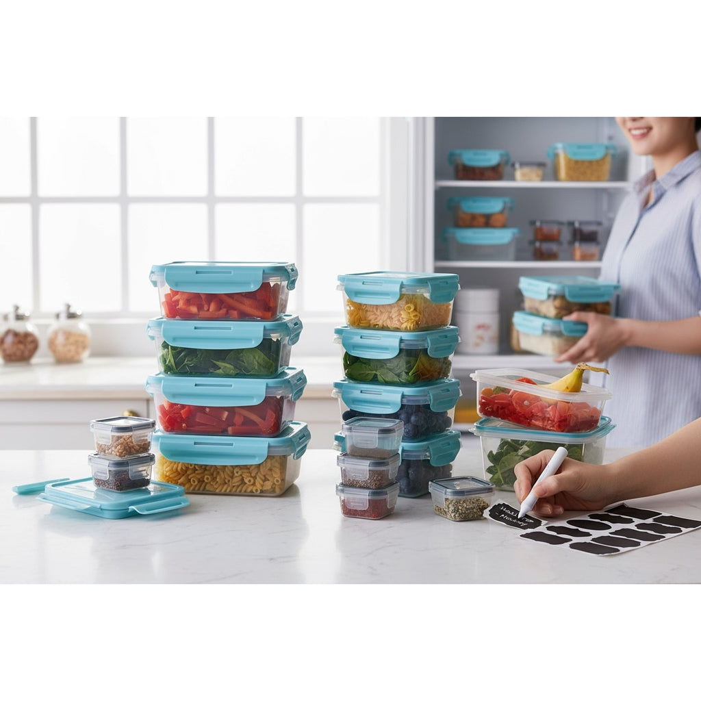 NWT ~ Set/ 48+ Plastic Food Storage Containers & Teal Leakproof Locking Lids