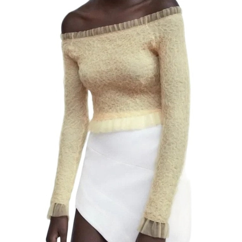 NWT ~ ZARA Beige Lace Tulle Off Shoulders Tight Crop Knit Top ~ Women's SMALL