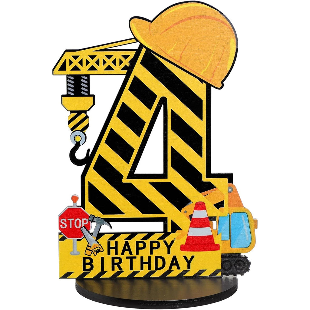 BRAND NEW ~ 4th Happy Birthday Yellow Construction Hard Hat Wooden Excavator