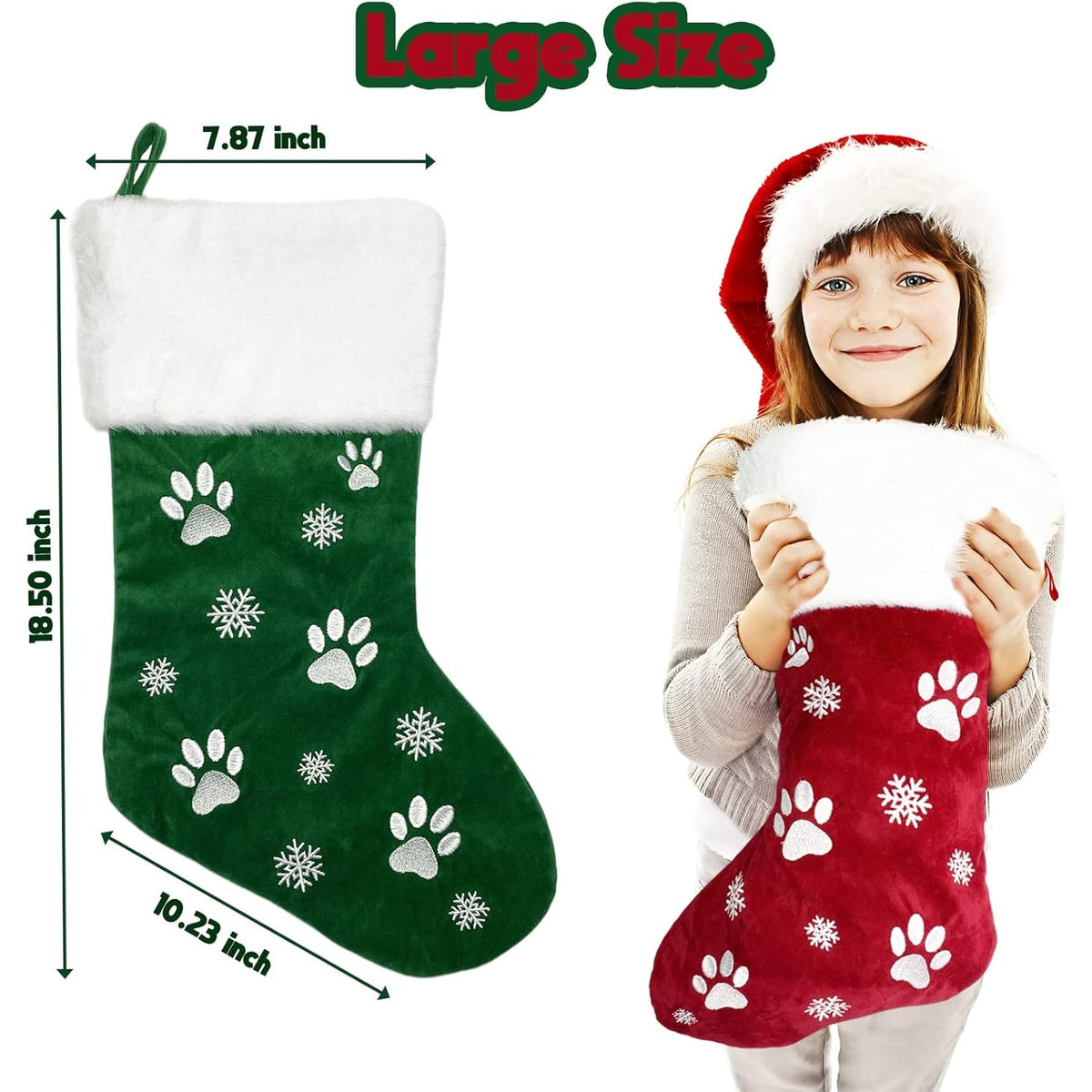 BRAND NEW ~ Thick Red Dog Cat Paw Print White Fur Top Christmas Stocking ~ 18"