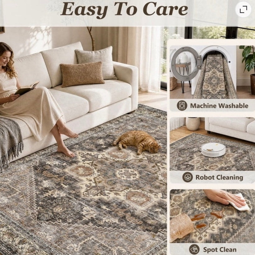 BRAND NEW ~ Brown 8'x10' Area Rug Retro Boho Floral Distressed Indoor Carpet