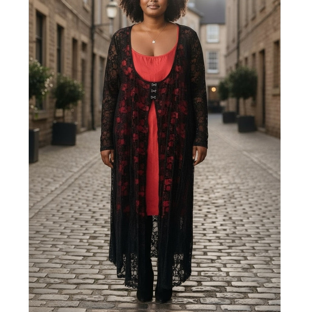 NWT ~ 2 Piece Set Bright Coral Cami Mini & Long Black Lace Jacket ~Plus Size 3X