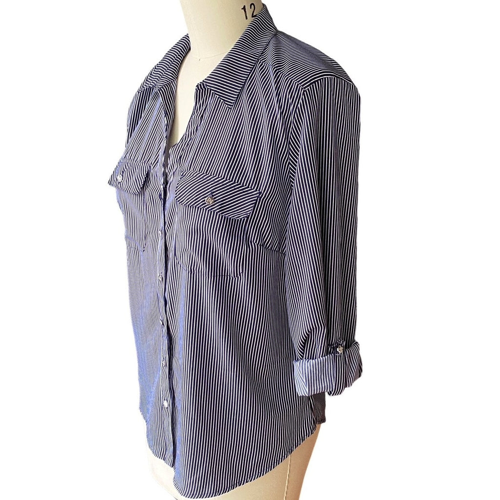 NWT ~ ADRIENNE VITTADINI Blue White Pinstripe Rolled Sleeve Blouse ~ LARGE