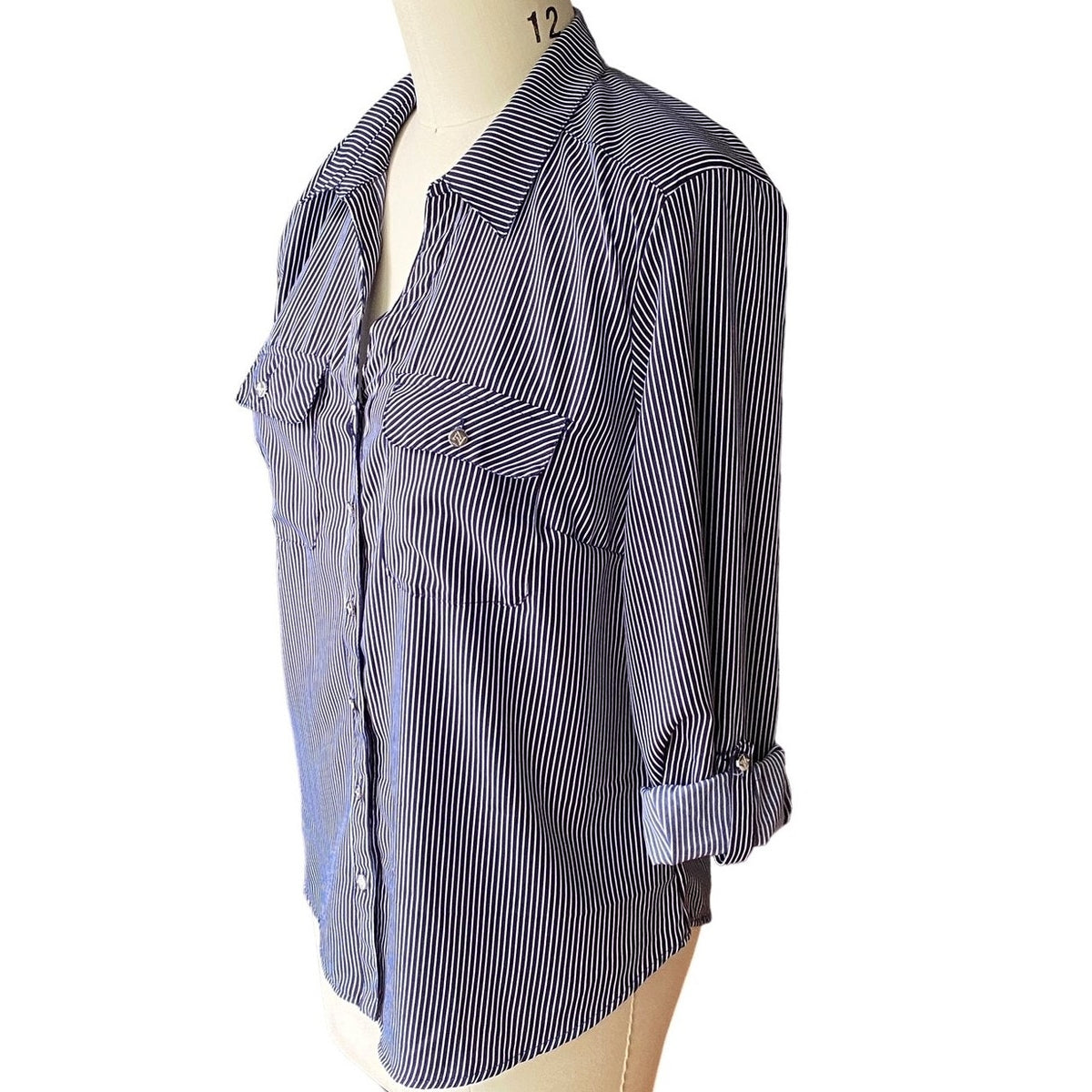 NWT ~ ADRIENNE VITTADINI Blue White Pinstripe Rolled Sleeve Blouse ~ LARGE