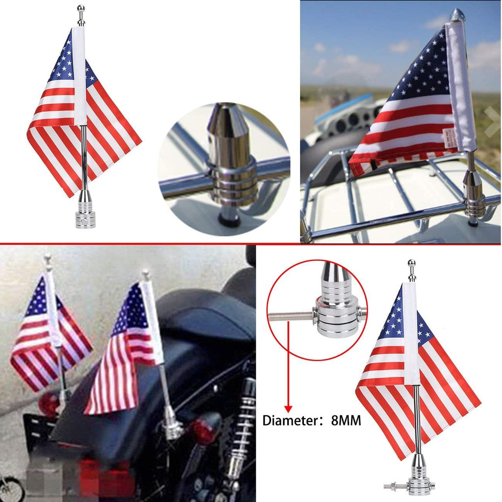 BRAND NEW ~ Set/2 Universal Motorcycle Flagpoles Mounts & American Flags USA