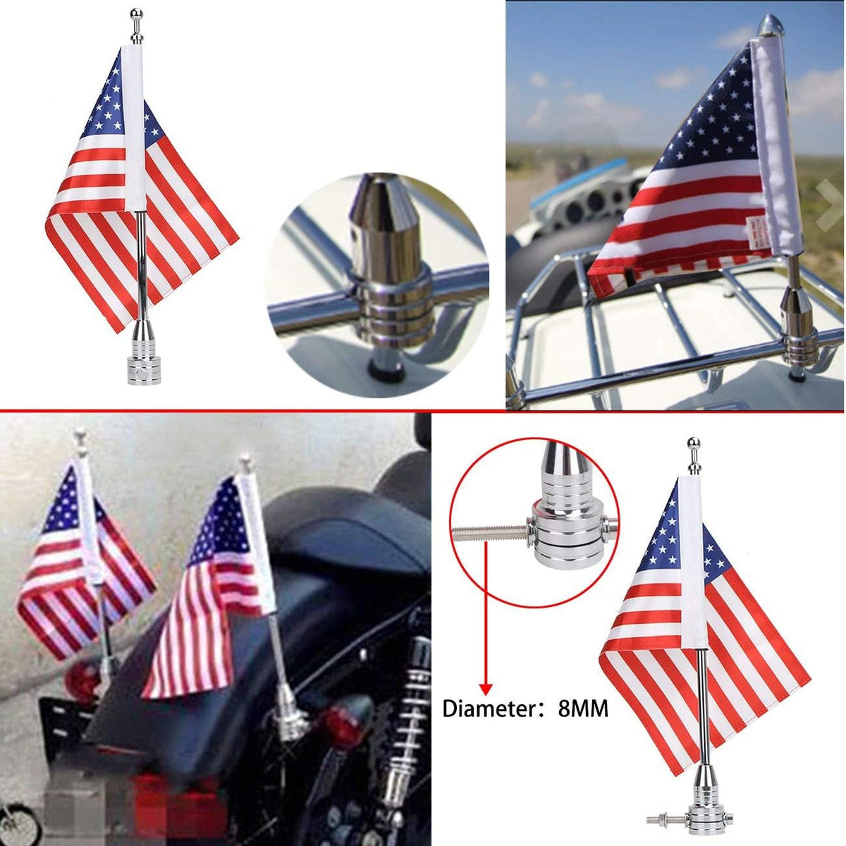 BRAND NEW ~ Set/2 Universal Motorcycle Flagpoles Mounts & American Flags USA