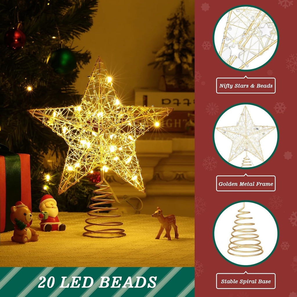 BRAND NEW ~ Lighted Christmas Star Tree Topper 8 Lighting Modes & Remote ~ 9.8"