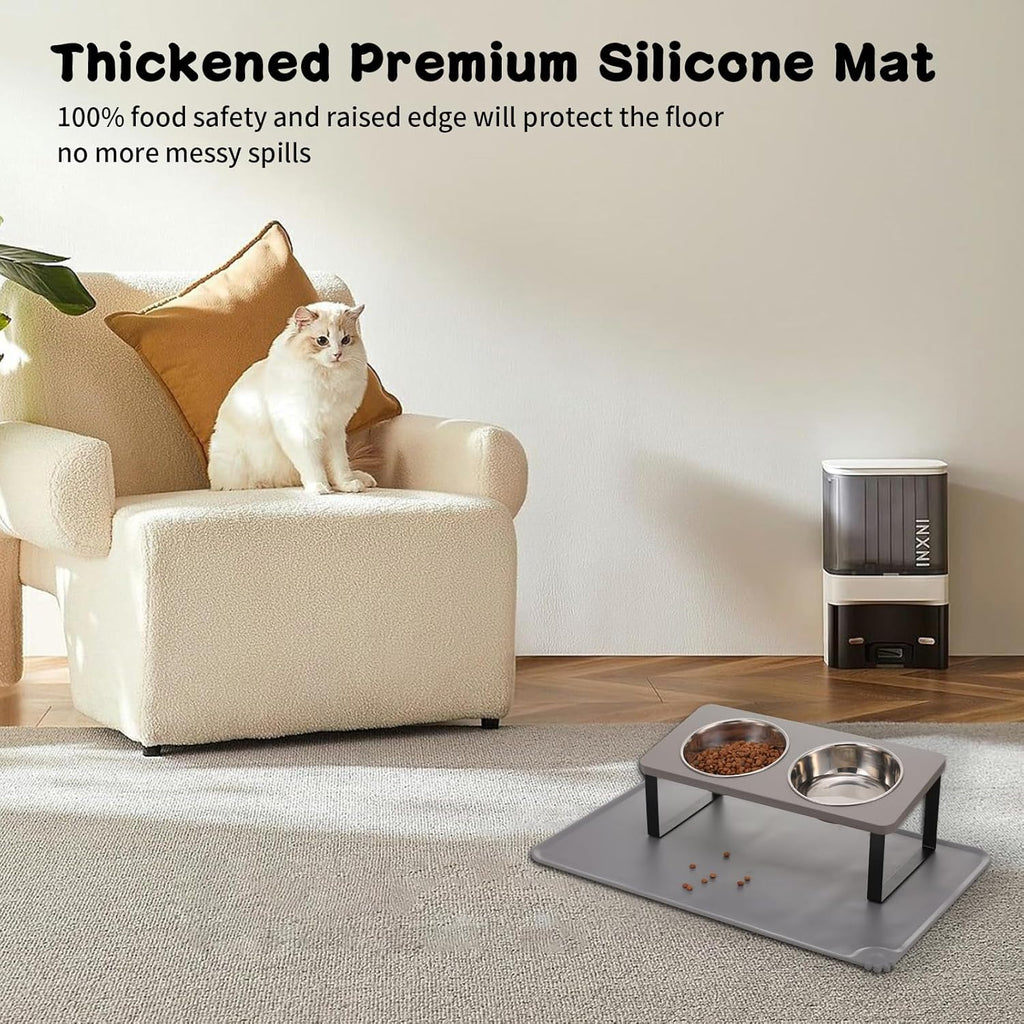 BRAND NEW ~ Gray Elevated Stainless Steel Cat Dog Bowls Dishes & Food Water Mat
