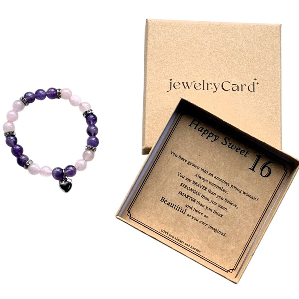 BRAND NEW ~ Sweet 16 Purple Beaded Charm Bracelet Brown Kraft Gift Box & Card