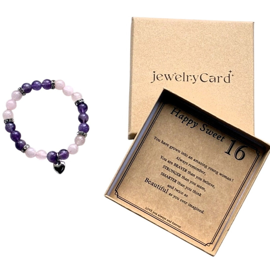 BRAND NEW ~ Sweet 16 Purple Beaded Charm Bracelet Brown Kraft Gift Box & Card