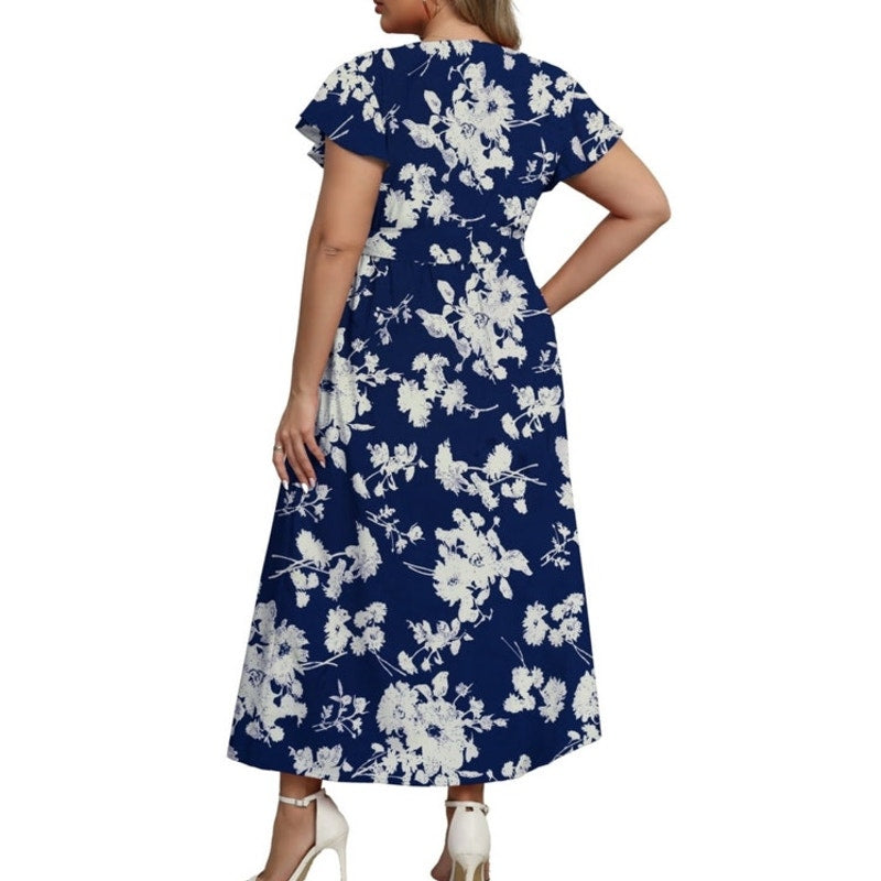 NWT ~ Women's Blue & White Plus Size Floral Butterfly Sleeve Maxi Dress ~ 1X