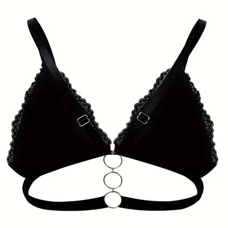 NWT ~ Set/ 3 Black Lace Front Closure Cross Back & Metal Rings Bras ~ MEDIUM